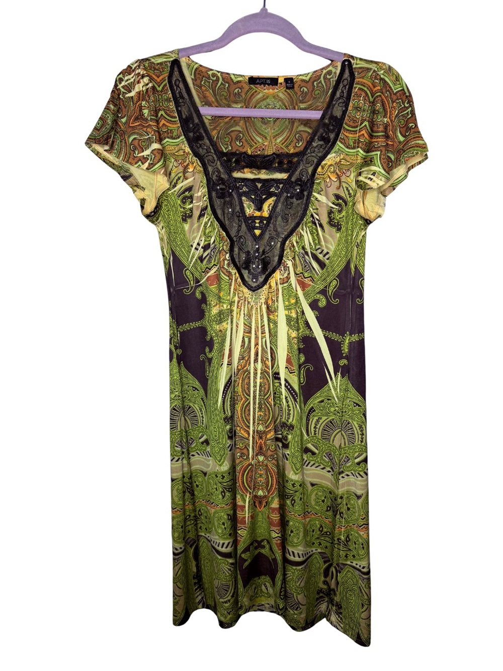 Y2K Boho Apt. 9 Green Paisley V-Neck Dress with Lace Embellished Trim